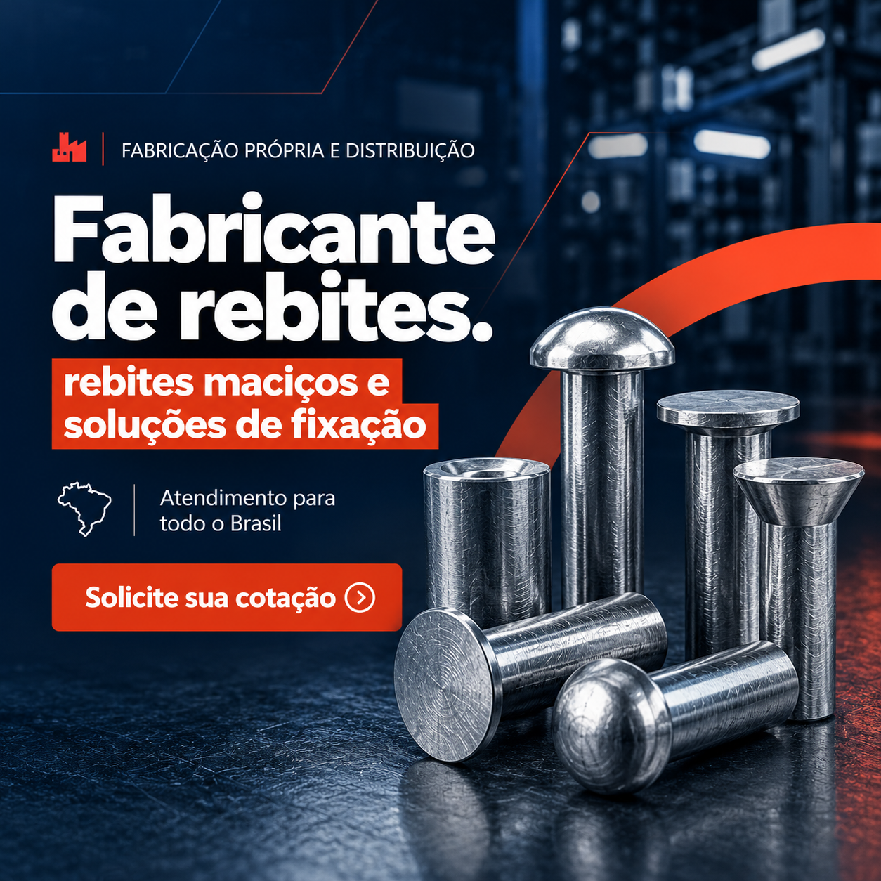Conjunto ilustrativo de rebites maciços metálicos com cabeças de diferentes formatos